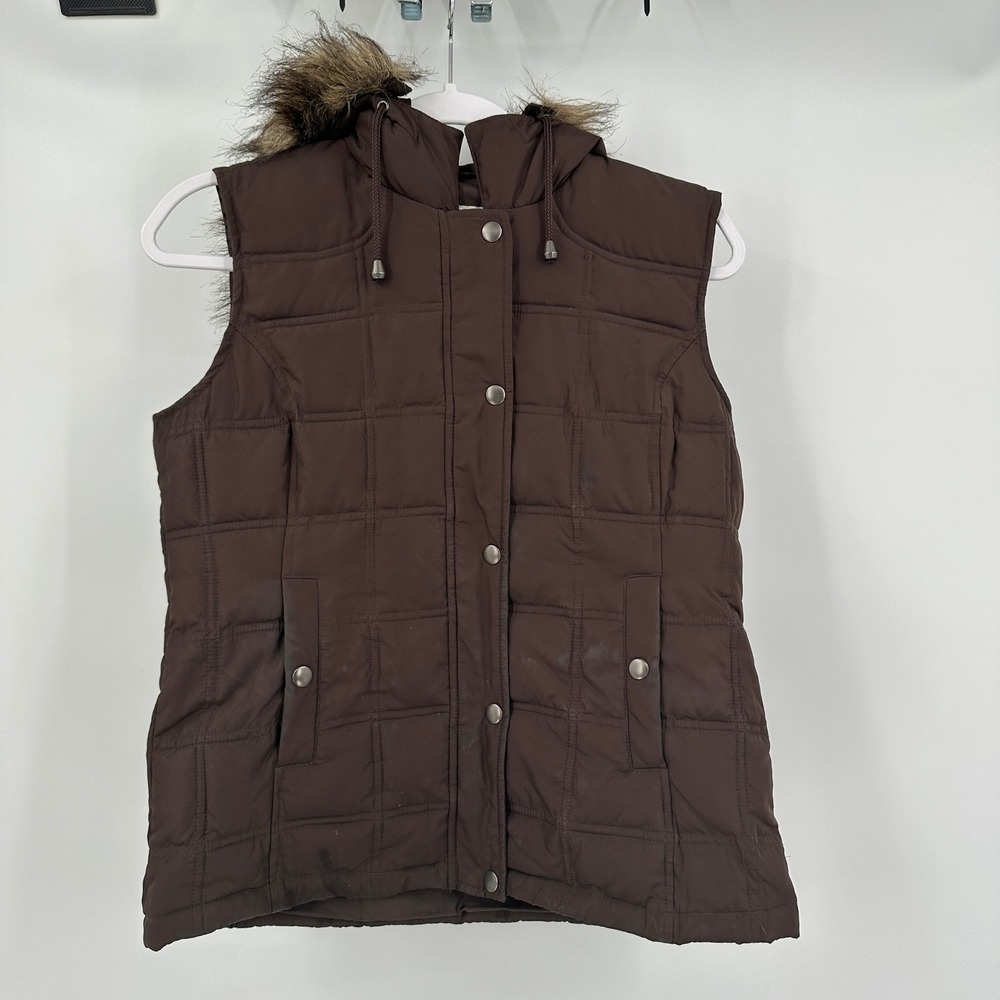 Womens Old Money Brown Puffer Vest Size S Faux Fur Hood Equestrian Preppy Winter